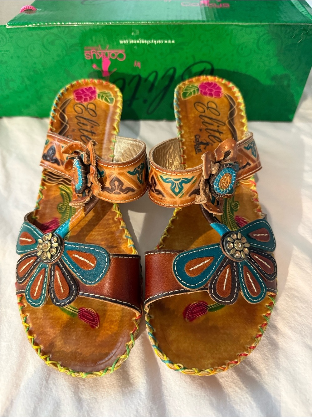 Women's Brown Leather Floral Sandals with Teal Accents